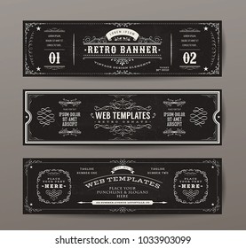 Vintage Web Banners Templates Set/
Illustration of a set of retro design website templates, with floral patterns and ornaments on chalkboard wide background
