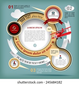 Vintage Web design with red old airplane. Retro design template. Vector Illustration