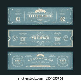 Vintage Website Banners Templates/
Illustration of a set of retro design web header templates, with banners, floral patterns and ornaments on chalkboard wide background