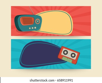 Vintage website header or banner set with illustration of radio and audio cassette.