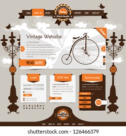 vintage website template with retro, classic elements and textured ribbons, labels