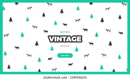 Vintage website template. Retro style vector colorful background, cute farm illustration design with pine trees and cows for poster or web page