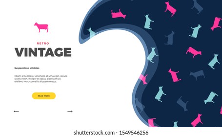 Vintage website template. Retro style vector colorful background, cute farm illustration design with cows for poster or web page