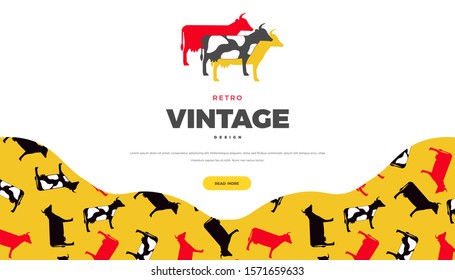 Vintage website template. Retro style vector colorful background, cute farm illustration design with cows for poster or web page
