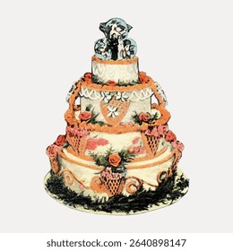 Vintage wedding cake, food illustration isolated on white, vector. 