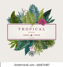 Vintage wedding card. Botanical illustration. Tropical leaves. 