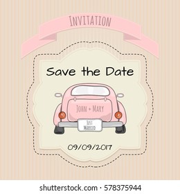 Vintage wedding card with car in bright colors