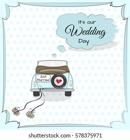 Vintage wedding card with car in bright colors