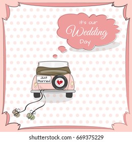 Vintage wedding card with car in bright colors