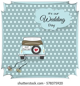 Vintage wedding card with car in dark colors