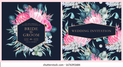 Vintage wedding card with flowers and greenery