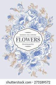 Vintage wedding card with flowers on a gray background. Anemone, rose, eustoma, eryngium. Vector illustration.