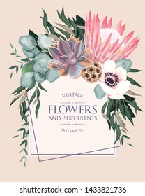 Vintage wedding card with flowers and succulents