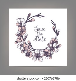 Vintage wedding card with hand drawn cherry blossom. Save the date card. Wedding invitation. Vector floral  illustration.