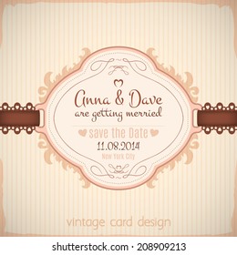Vintage wedding card or invitation design on the striped background. Save the Date wedding invitation card with floral frame and lace
