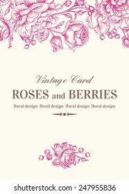 Vintage wedding card with pink roses on a white background. Vector illustration.