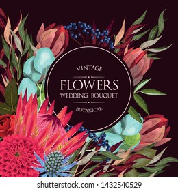 Vintage wedding card with protea and greenery