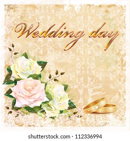 vintage wedding card with roses and rings