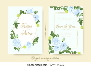 Vintage Wedding Card Template, Rose Bouquet. Elegant Ceremony Invitation Design, Spring Floral Decoration. Vintage Flyer with Leaf Border or Frame. Blue Flowers, Green Leaves, Vintage Romantic Poster.