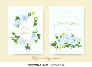 Vintage Wedding Card Template, Rose Bouquet. Elegant Ceremony Invitation Design, Spring Floral Decoration. Vintage Flyer with Leaf Border or Frame. Blue Flowers, Green Leaves, Vintage Romantic Poster.