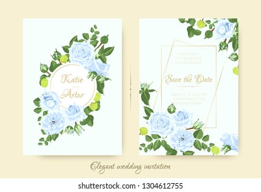 Vintage Wedding Card Template, Rose Bouquet. Elegant Ceremony Invitation Design, Spring Floral Decoration. Vintage Flyer with Leaf Border or Frame. Blue Flowers, Green Leaves, Vintage Romantic Poster.