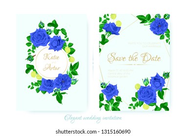 Vintage Wedding Card Template, Rose Bouquet. Elegant Ceremony Invitation Design, Spring Floral Decoration. Vintage Flyer with Leaf Border or Frame. Blue Flowers, Green Leaves, Vintage Romantic Poster.