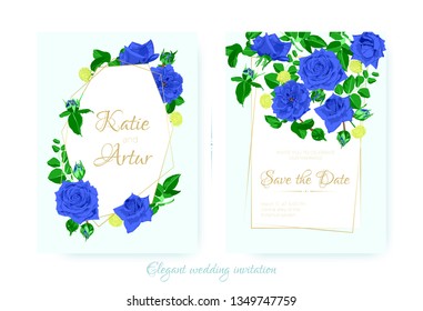 Vintage Wedding Card Template, Rose Bouquet. Elegant Ceremony Invitation Design, Spring Floral Decoration. Vintage Flyer with Leaf Border or Frame. Blue Flowers, Green Leaves, Vintage Romantic Poster.