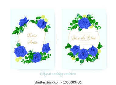 Vintage Wedding Card Template, Rose Bouquet. Elegant Ceremony Invitation Design, Spring Floral Decoration. Vintage Flyer with Leaf Border or Frame. Blue Flowers, Green Leaves, Vintage Romantic Poster.