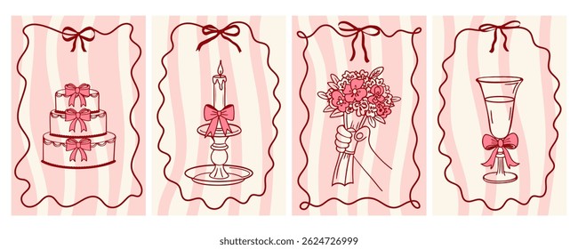 Vintage wedding ceremony illustrations. Hand drawn fancy greeting cards with bouquet of flowers, champagne, wedding cake. Sketch in doodle style.