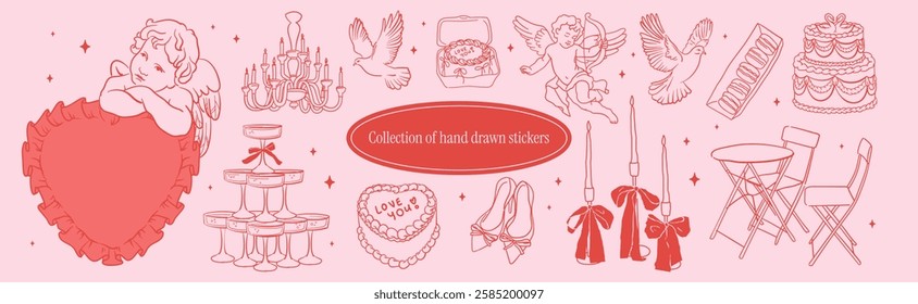 Vintage Wedding Collection. Cute angel with wings, wedding shoes, cakes, candles, cocktail glasses. Elegant hand-drawn line illustrations in whimsical coquette doodle style for Valentine's Day.	