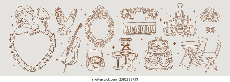 Vintage Wedding Collection. Hand-drawn line illustrations in whimsical sketch style. Cherub, dove, champagne, cake, baroque decorations for Valentine's Day, invitations, menus. Rococo Elegance doodles