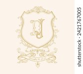 Vintage wedding crest design with initial D J. Retro design element crest; can be used in wedding napkins, plates, invitations. Vector Illustration.