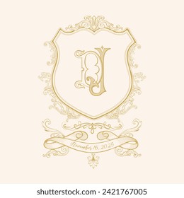 Vintage wedding crest design with initial D J. Retro design element crest; can be used in wedding napkins, plates, invitations. Vector Illustration.