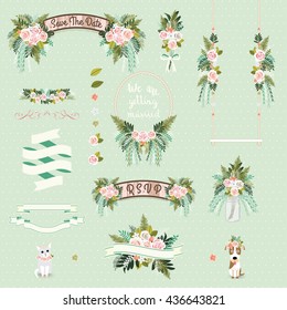 Vintage wedding floral illustration set decorative and ornaments on green background