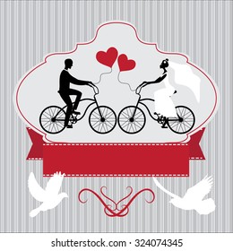 Vintage wedding frame with bicycle and pegions 