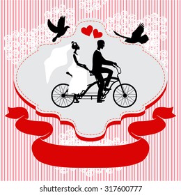 Vintage wedding frame with bicycle and pigeons