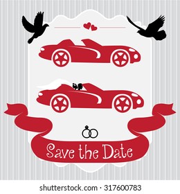 Vintage wedding frame with convertible and pigeons