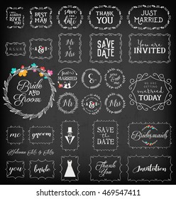 Vintage Wedding Frame and Label Collection. Editable Floral Frame Set for Save the Date Cards and Invitations on Chalkboard