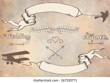 Vintage Wedding graphic set, arrows, hearts, laurel, ribbons.