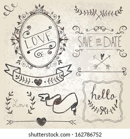 Vintage Wedding graphic set, borders, arrows, hearts, laurel, wreaths, ribbons and labels