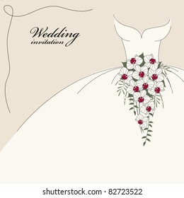 Vintage Wedding Invitation, Background With Dress And Cascade Bouquet Of Orchids