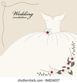 Vintage Wedding Invitation, Background With Dress And Cascade Bouquet Of Orchids