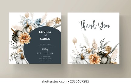 Vintage wedding invitation with beautiful flower and pumpkin