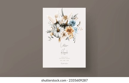 Vintage wedding invitation with beautiful flower and pumpkin