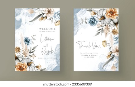 Vintage wedding invitation with beautiful flower and pumpkin