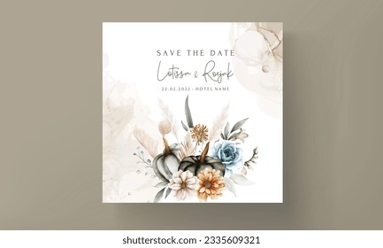 Vintage wedding invitation with beautiful flower and pumpkin