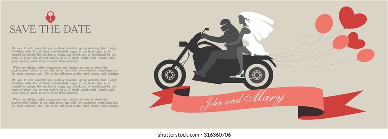Vintage wedding invitation, the bride and groom on a motorcycle with space for text.2