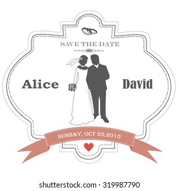 Vintage wedding invitation with bride and groom
