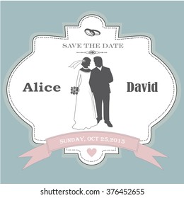 Vintage wedding invitation with bride and groom icons Rose quarts and blue serenity background