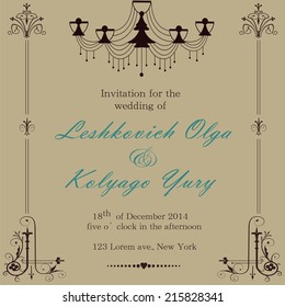Vintage wedding invitation with calligraphic elements and chandelier